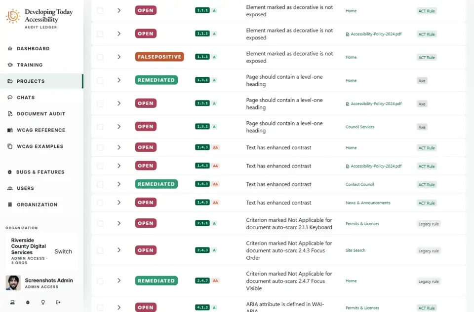 Accessibility product showing findings, criteria, review status, and affected pages