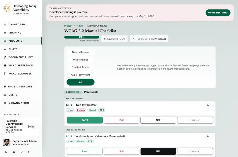 Manual WCAG 2.2 review checklist with criterion descriptions, review status, and automated result counts.