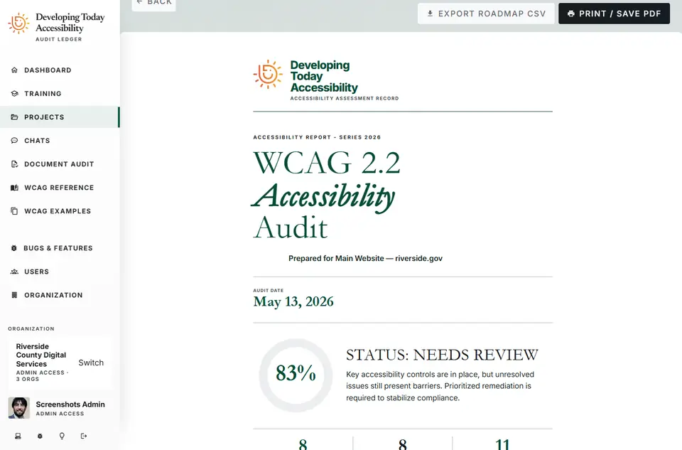 Developing Today Accessibility report cover and executive summary for a demonstration WCAG 2.2 audit.