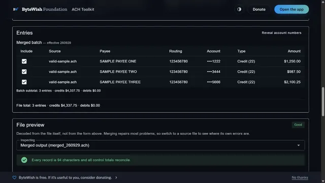 ACH Toolkit showing three synthetic sample payees, batch totals, and a decoded file preview with reconciled control totals