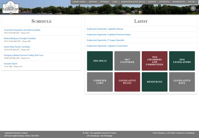 Public legislative portal showing committee meetings and access to bills, codified laws, and legislative data