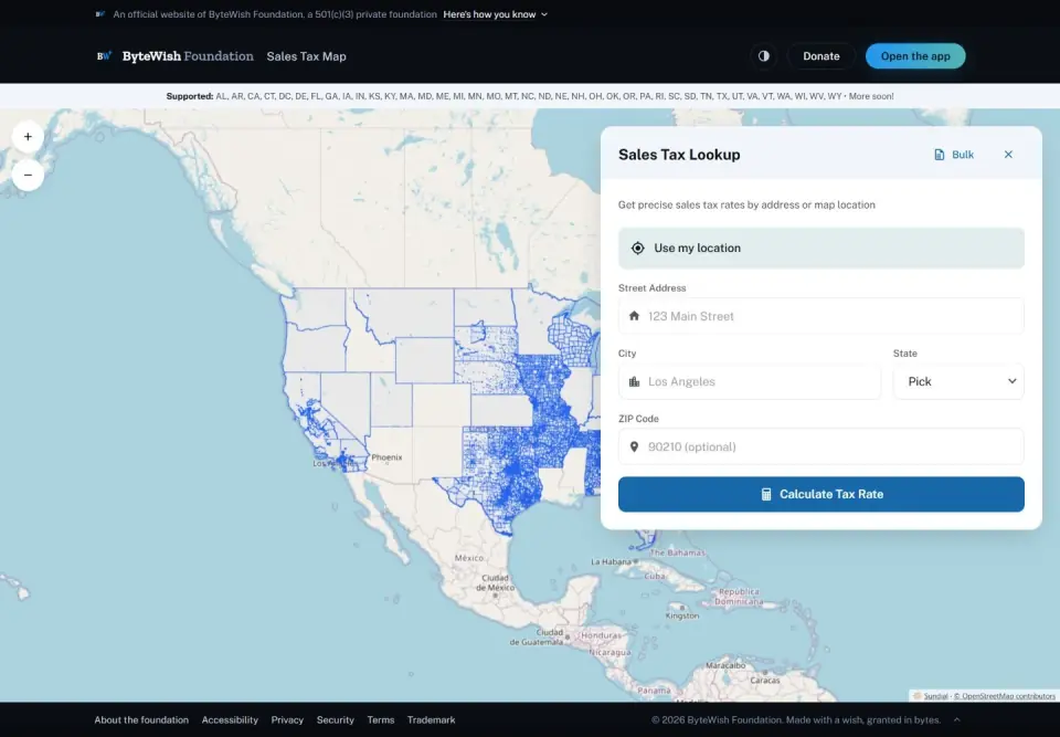 Sales Tax Map with jurisdiction boundaries loaded and an address lookup panel